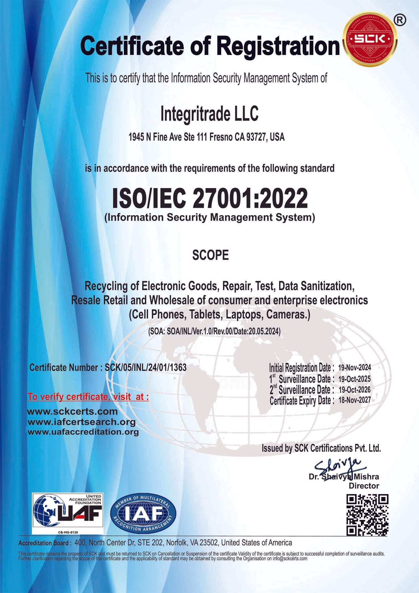 SCK Certifications Pvt. Ltd. ISO/IEC 27001 Certificate